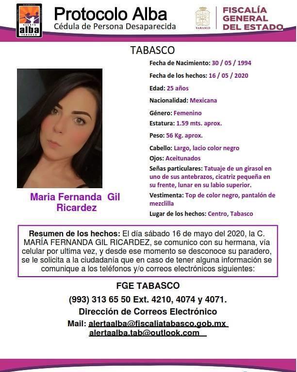 Activan Protocolo Alba de Tabasco para localizar a María Fernanda Gil