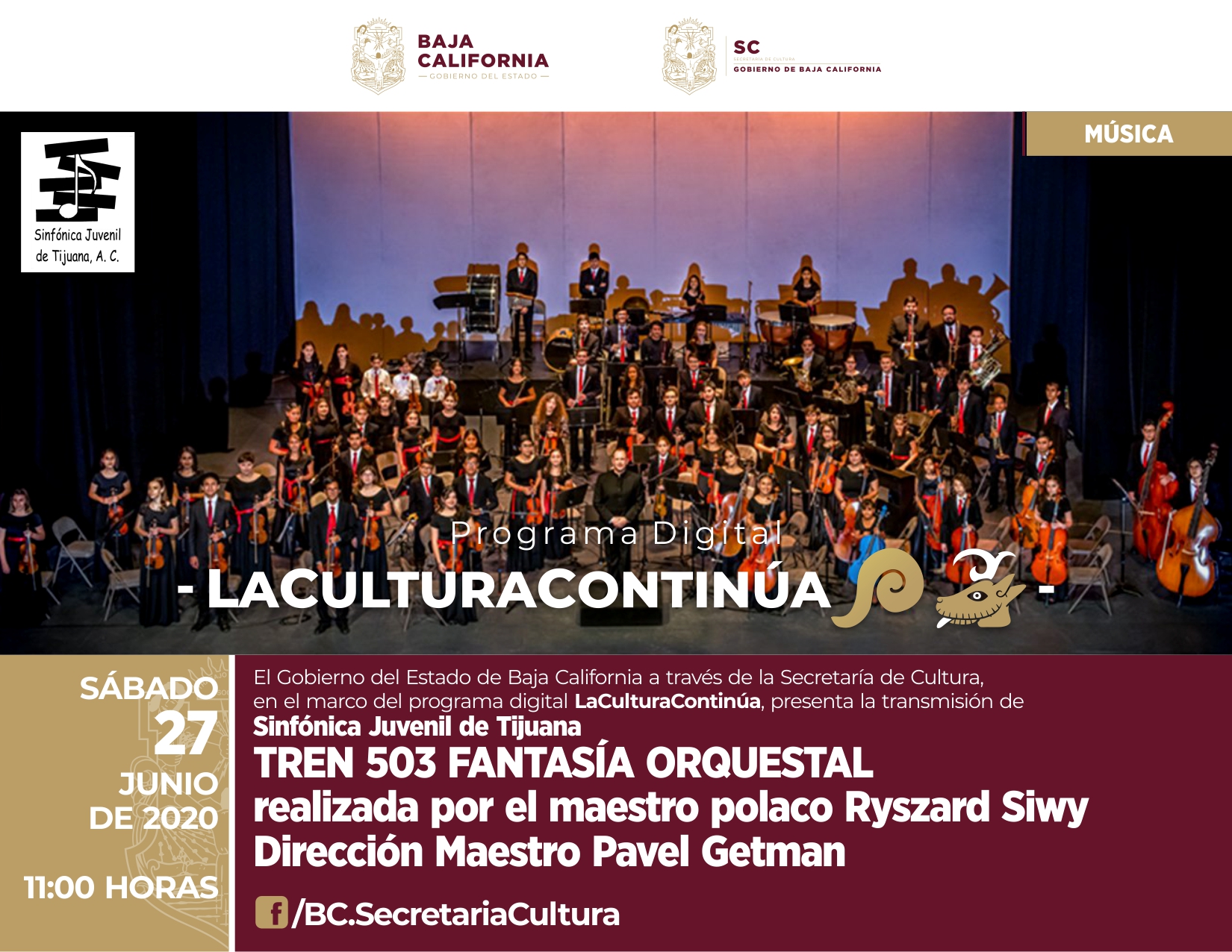 La Sinfónica Juvenil de Tijuana ofrecerá una serie de conciertos en el programa digital la Cultura Continúa