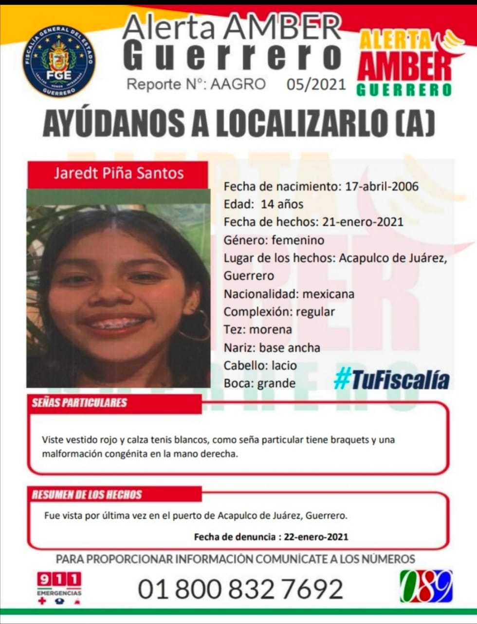 Activan Alerta Amber Nacional  por desaparición de Jaret Píña Santos en Guerrero