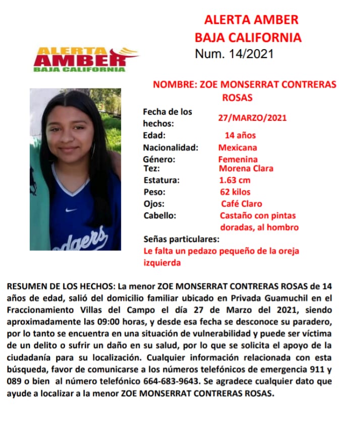 Activan Alerta Amber  por desaparición de la menor Zoe Monserrat de 14 años