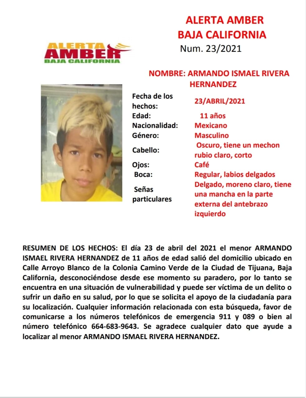 Activan Alerta Amber por desaparición de Armando Ismael Rivera Hernández de 11 años