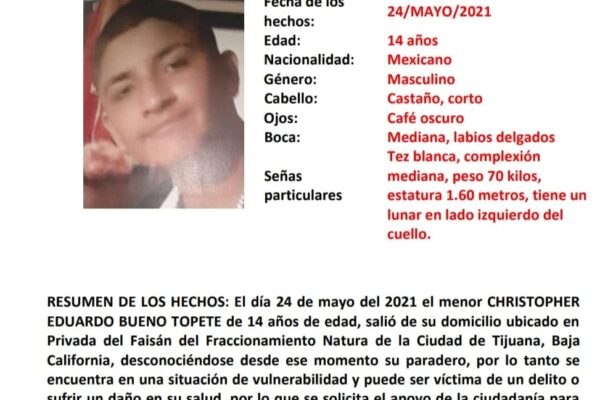Activan Alerta Amber por desaparición de  Christopher Eduardo Bueno Topete de 14 años