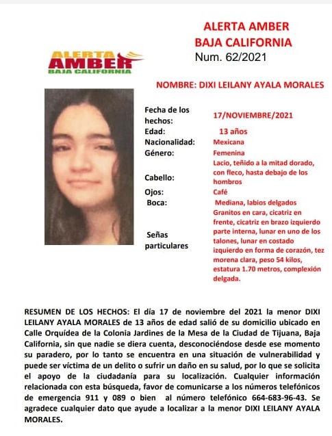 Activan Alerta Amber por desaparición de Dixi Leilany Ayala Morales de 13 años