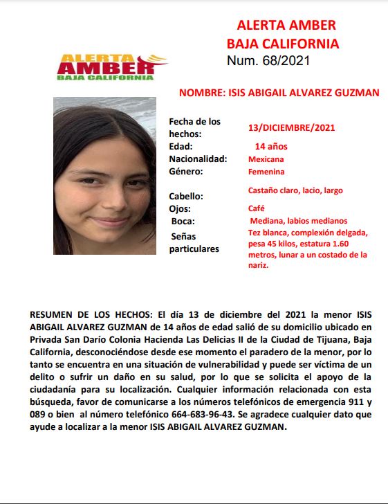 Activan Alerta Amber por desaparición de Isis Abigail Álvarez Guzmán de 14 años
