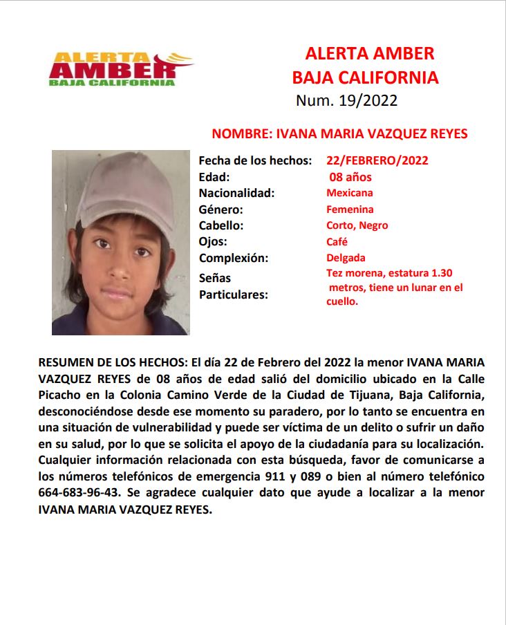 Activan Alerta Amber por la desaparición de Ivana María de 8 años