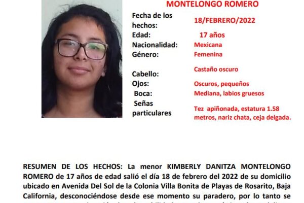Activan Alerta Amber  por la desaparición de Kimberly de 17 años en Rosarito