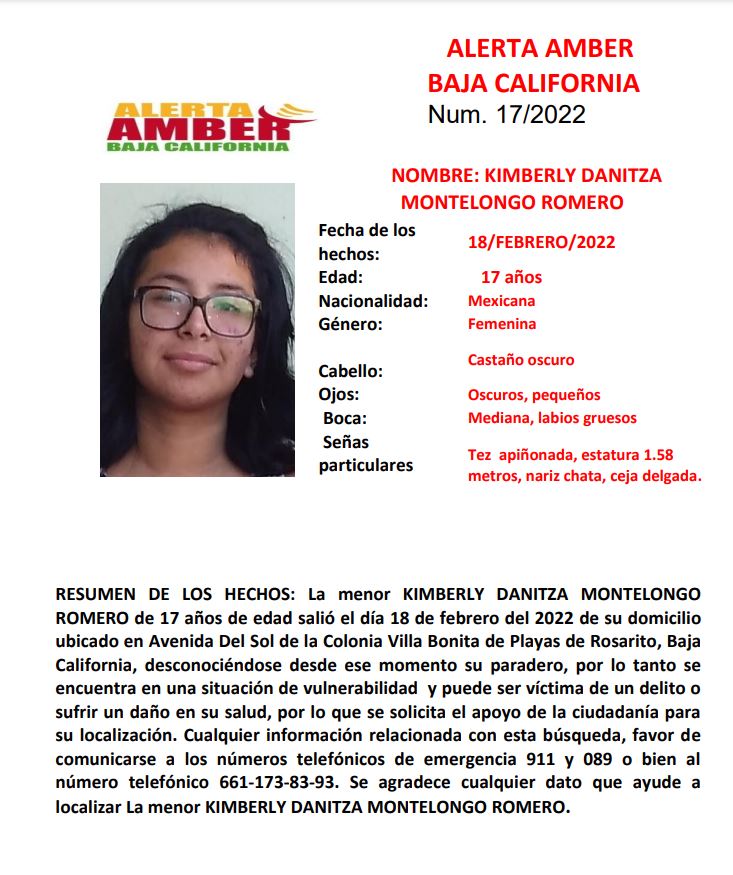 Activan Alerta Amber  por la desaparición de Kimberly de 17 años en Rosarito