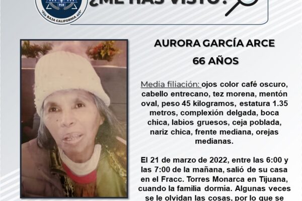 Aurora García Arce de 66 años se encuentra extraviada