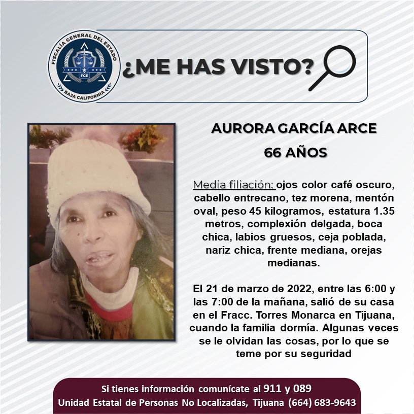Aurora García Arce de 66 años se encuentra extraviada