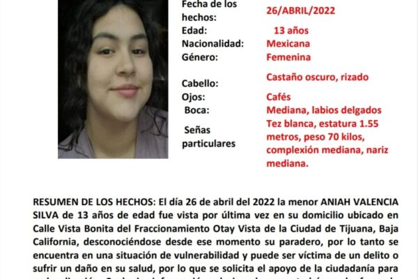 Alerta Amber por la desaparición de Aniah Valencia Silva de 13 años