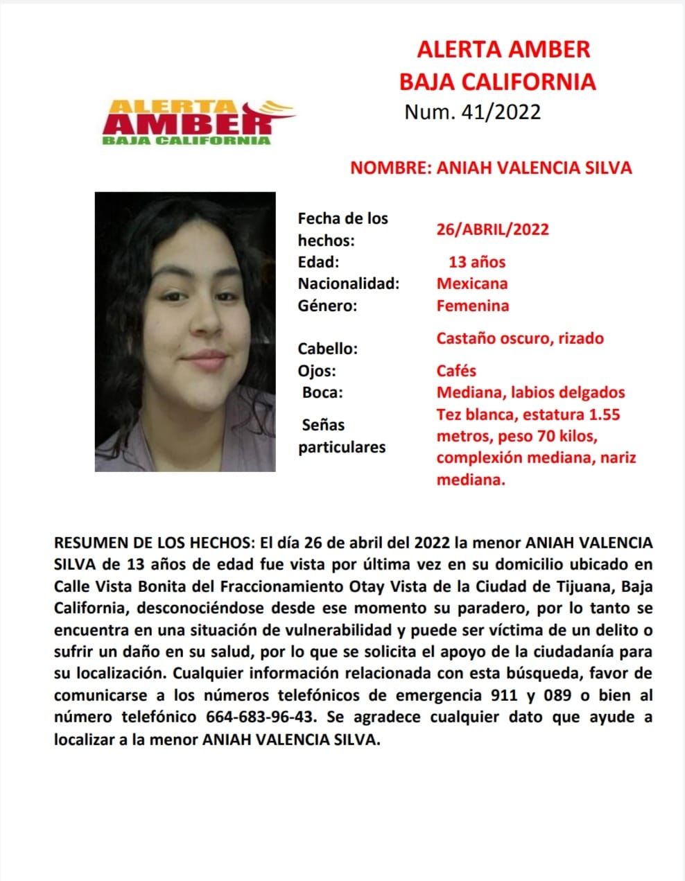 Alerta Amber por la desaparición de Aniah Valencia Silva de 13 años