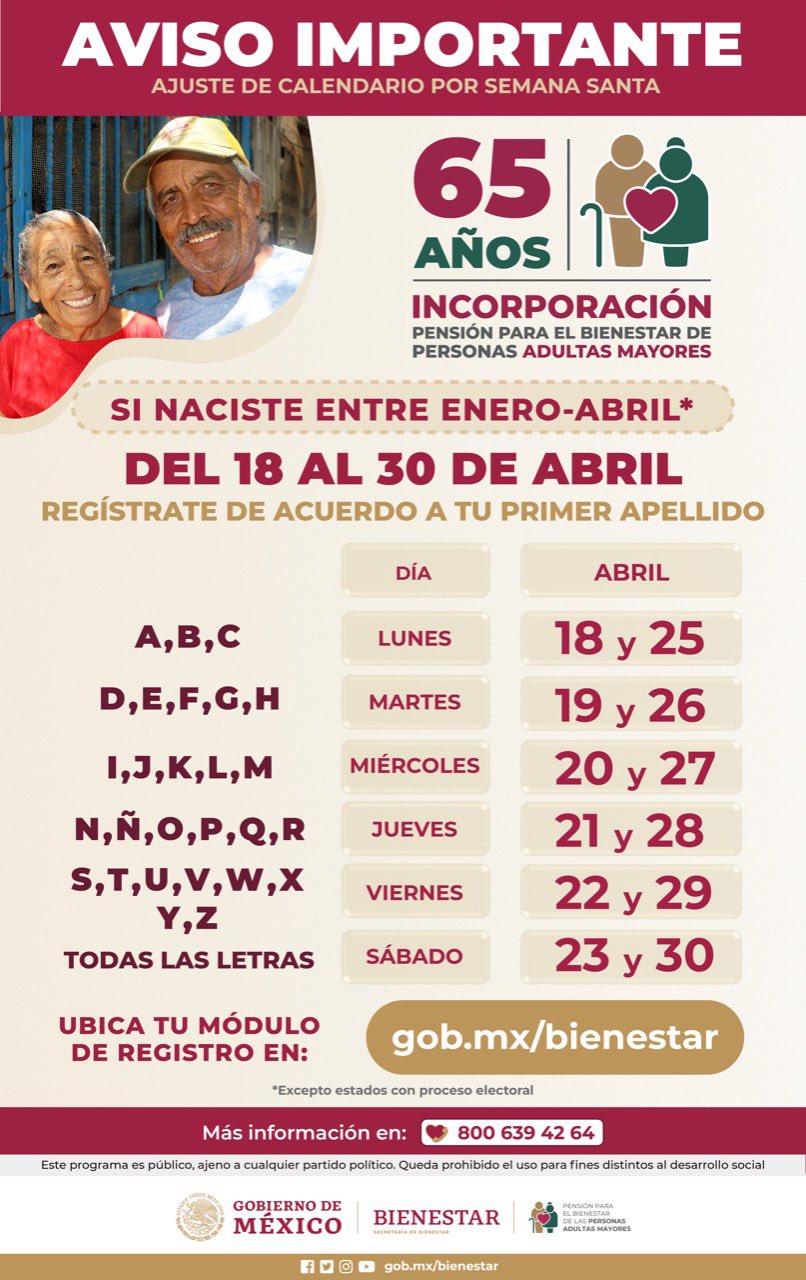 El 18 de abril inicia incorporación a pensión para el bienestar de las personas adultas mayores: Secretaría de Bienestar Federal