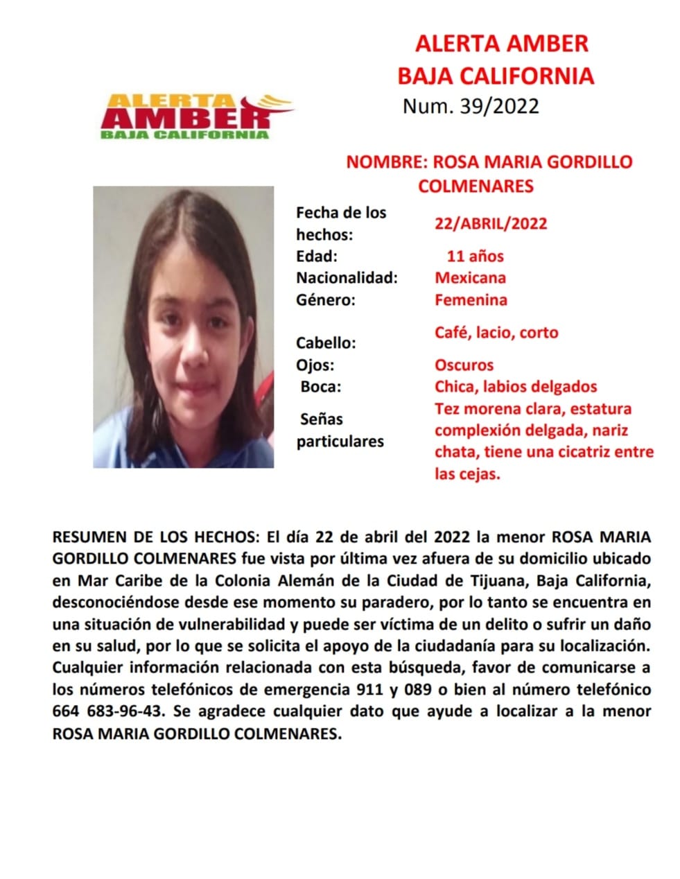 Activan Alerta Amber por la desaparición de Rosa María Gordillo Colmenares de 11 años