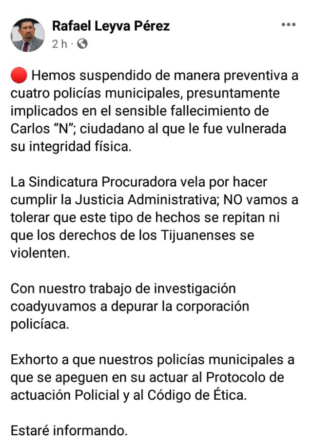 Síndico informa sobre la suspensión de cuatro policías municipales