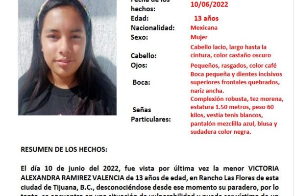 Activan Alerta Amber por la desaparición de Victoria Alexandra de 13 años de edad