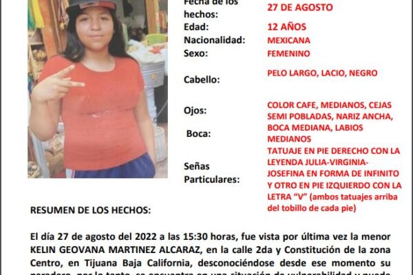 Activan Alerta Amber por desaparición de Kelin Geovanna Martínez Alcaraz de 12 años