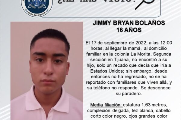 Desapareció  en Tijuana Jimmy Bryan Bolaños de 16 años