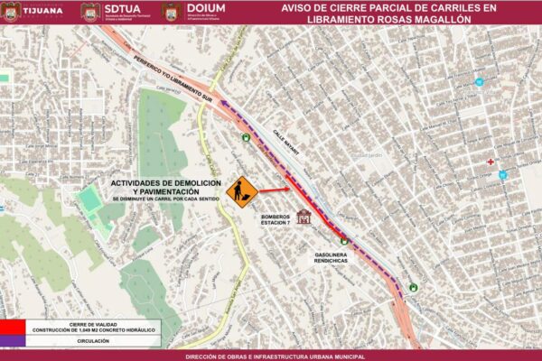 Anuncia Ayuntamiento de Tijuana cierre parcial por construcción de retorno vial en Rosas Magallón